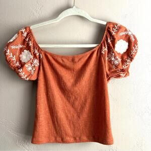 Embroidered Orange Puff Sleeve Crop Top